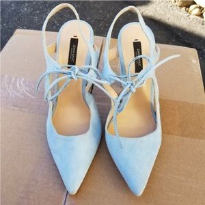 Zara Basic Suede Pointed Toe Tie Front Heels Sz 38